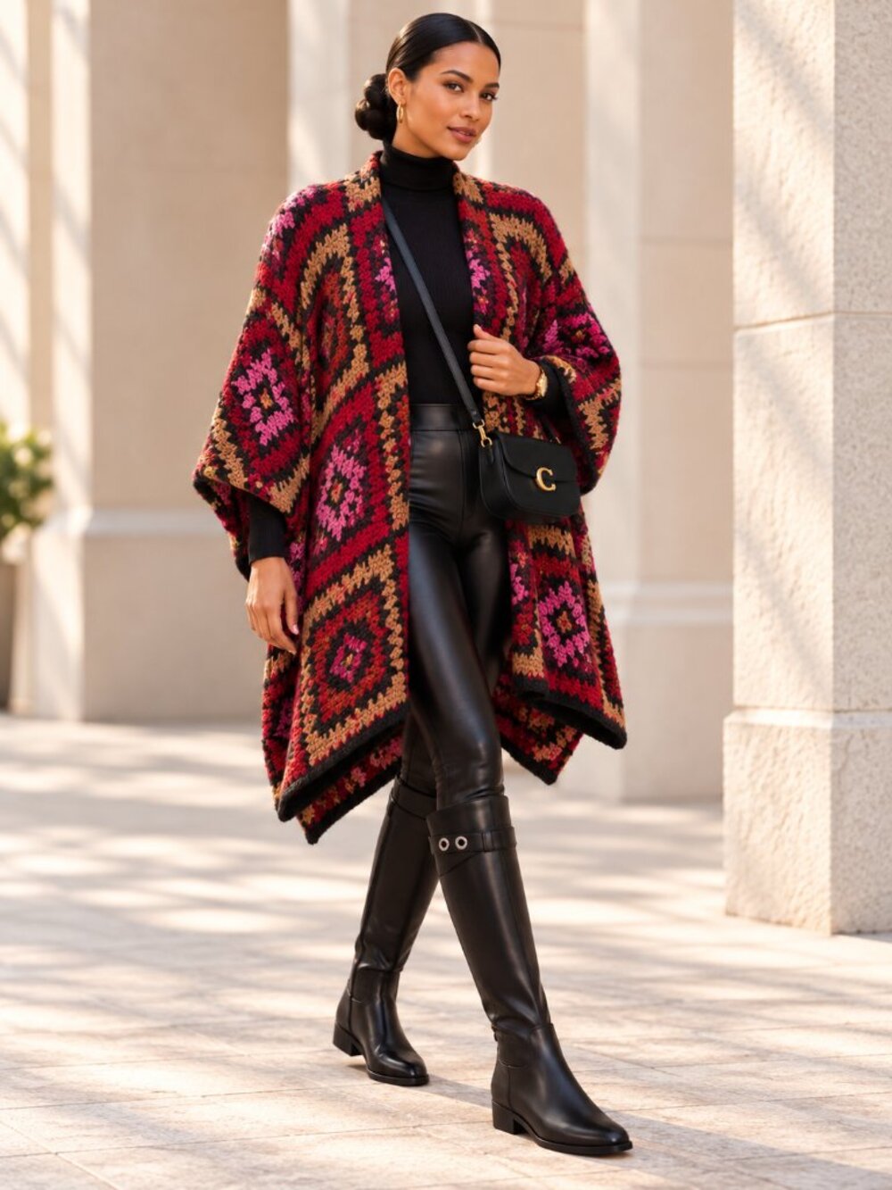 Cocogio Italy Alpaca Wool Blend Geometric Boho Poncho Cape Red Pink OS